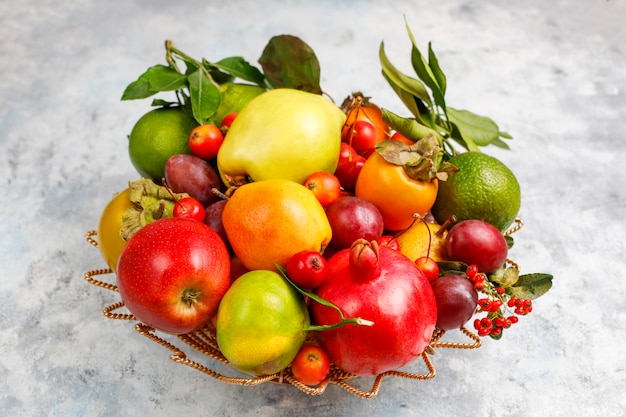 Autumn fruit. Autumn Thanksgiving seasonal fruits, top view