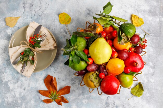 Autumn fruit. Autumn Thanksgiving seasonal fruits, top view