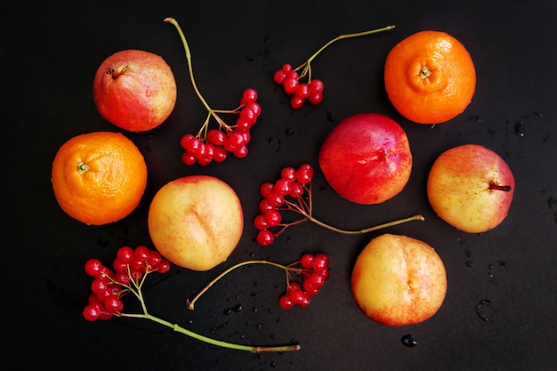 Photo autumn fruits and berries on a dark background