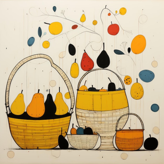 Autumn fruits vegetables basket abstract caricature surreal playful painting illustration tattoo