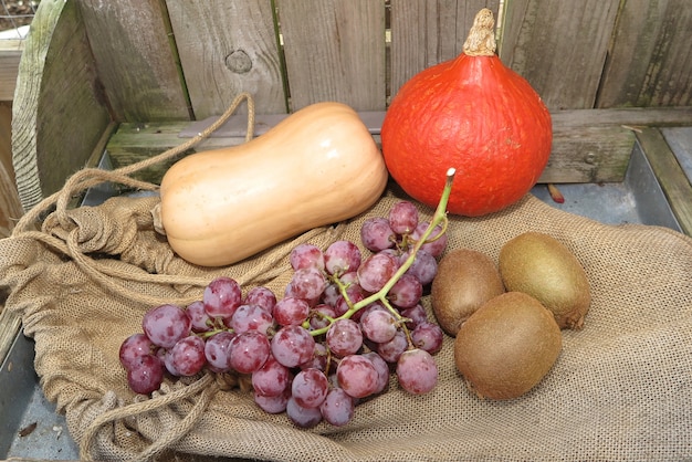 Autumn fruits and vegetables under wooden background