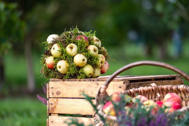 Photo autumn garden decorations with fresh apples and flowers closeup