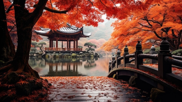 赤いカエデの葉と中国のパビリオンのある秋の庭園