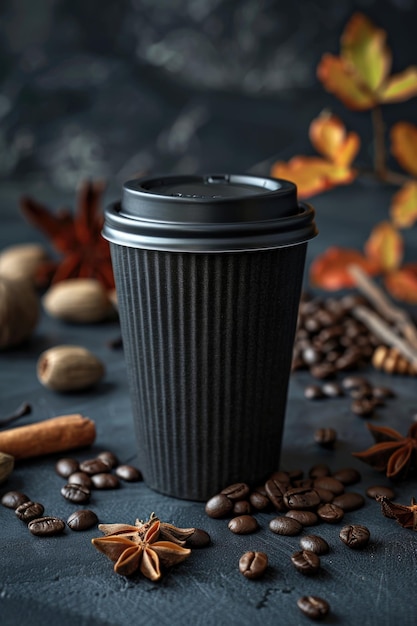 Autumn-geïnspireerde koffiepauze wegwerpbeker omringd door koffiebonen en herfstbladeren