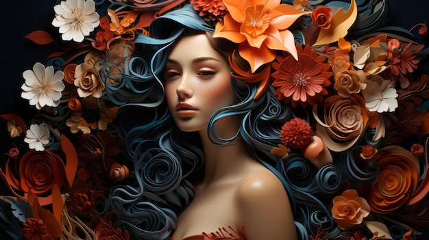 Autumn Girl Generative AI with flower and nature in warm color