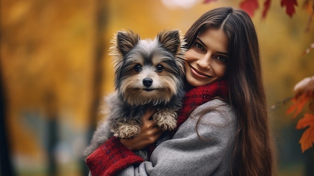 Осенняя девушка с собакой Иллюстрация AI Generative