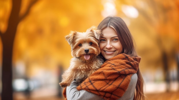 Autumn girl with dog Illustration AI Generative