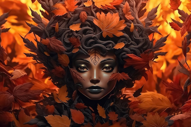 Autumn girl with leaves in her head in cartoon style