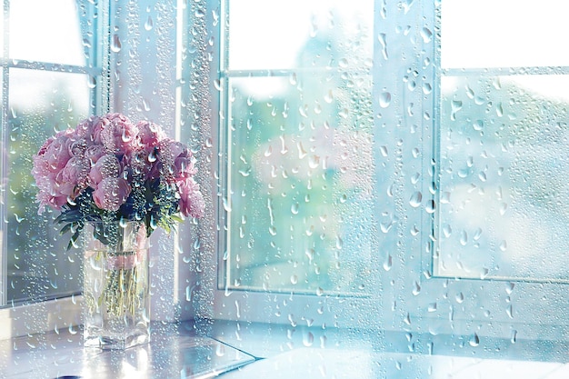 秋のガラスの雨の風景/抽象的な秋の景色、雨天、気候、ガラス