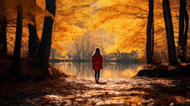 夕暮れ時の川沿いの秋の黄金の森