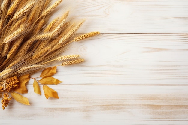 Foto autunno foglie d'oro su un tavolo di legno imbiancato concetto di celebrazione del ringraziamento ai generato