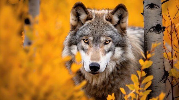 Autumn grey wolf yellowstone