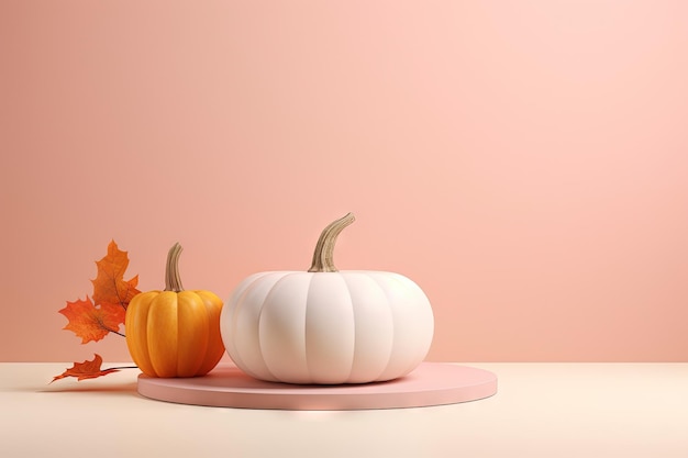 Autumn Halloween ceramic white pumpkin decor on an empty product podium showcasing pastel pink and o