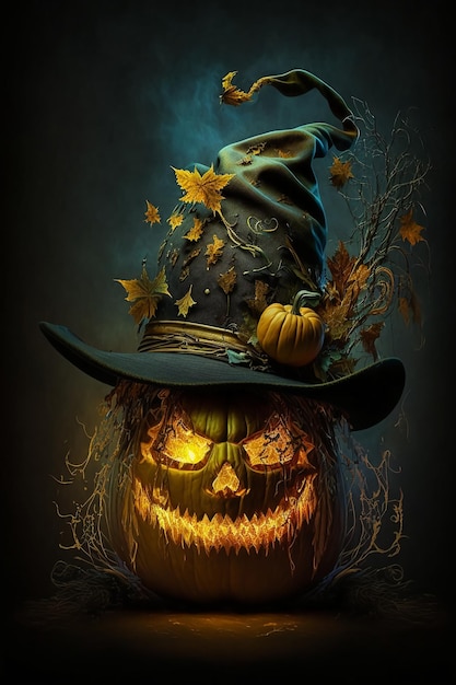 Autumn Halloween night a pumpkin with a hat