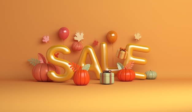 Photo autumn halloween sale background with balloon maple leaves gift box