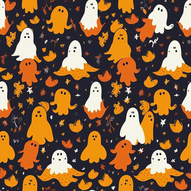 Autumn and Halloweenthemed seamless pattern with ghosts AI generation