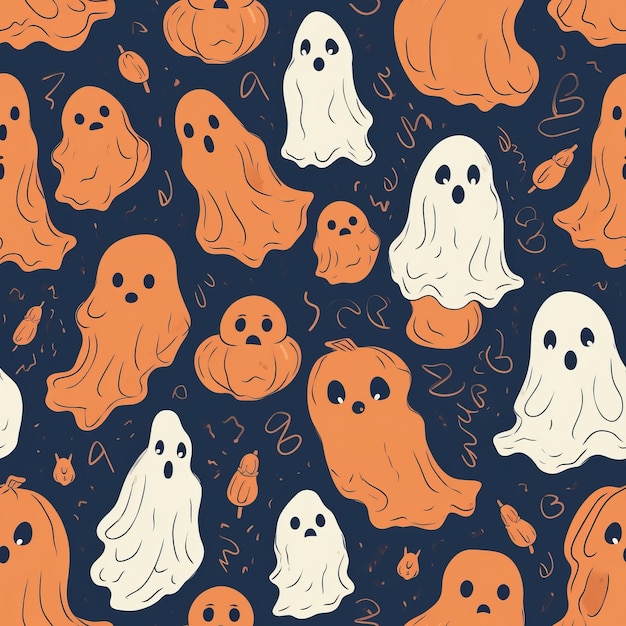 Autumn and Halloweenthemed seamless pattern with ghosts AI generation