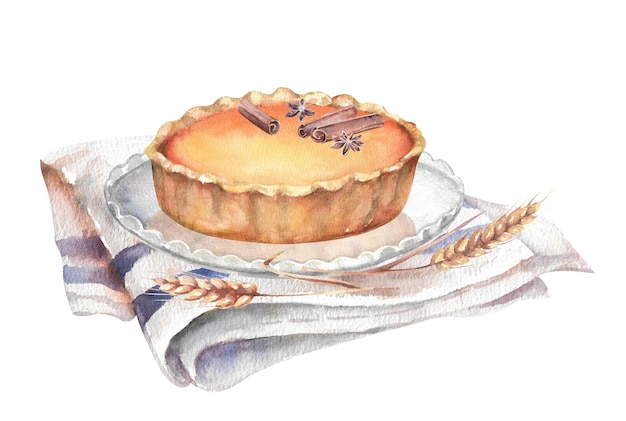autumn hand drown watercolor composition with a pumpkin pie and wheat spikelets on a napkin
