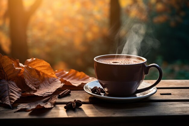 Autumn Harmony Coffee with Beautiful Crema Amidst Fall Foliage