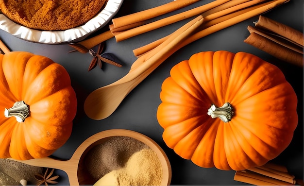 Autumn harvest background with pumpkin frame, food and spoons on table flat lay. Thanksgiving