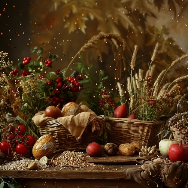 Autumn Harvest Festival Basket Painting on Table