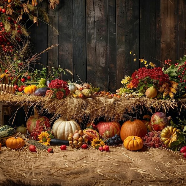 Autumn Harvest Festival Table with Various Pumpkins