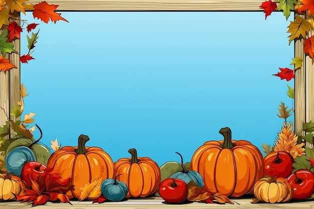 Autumn harvest frame with Thanksgiving motifs pumpkins fall leaves and fruits generative ai