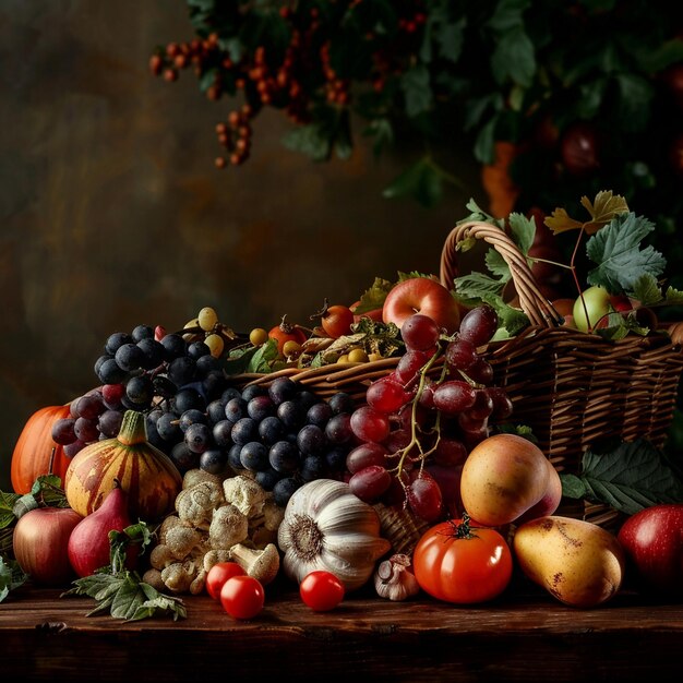 Autumn Harvest Fresh Organic Fruits and Vegetables on Table