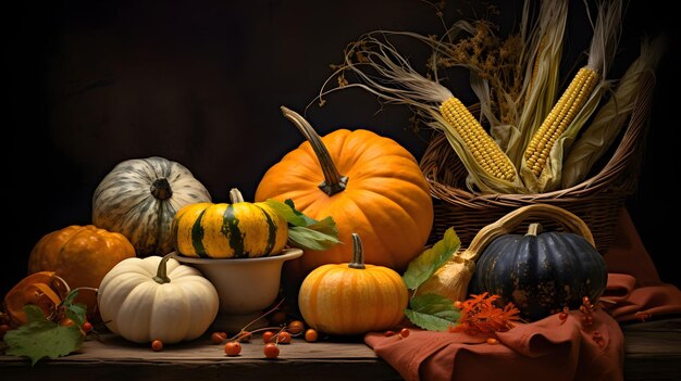 Autumn harvest fruits and vegetables garden scarecrow