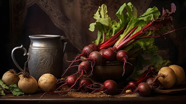 Autumn harvest fruits and vegetables garden scarecrow