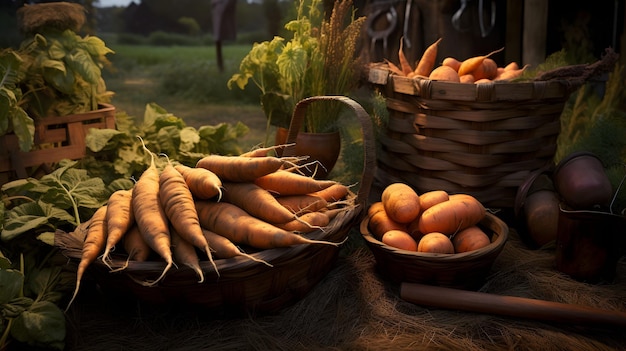 Autumn harvest fruits and vegetables garden scarecrow