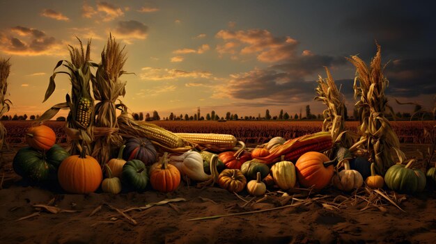 Photo autumn harvest fruits and vegetables garden scarecrow