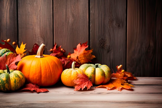 Autumn Harvest and Holiday still life Selection of various pumpkins on dark wooden background with copy space