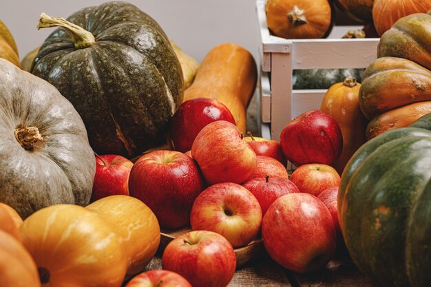 Autumn harvest of pumpkins and apples on wooden board