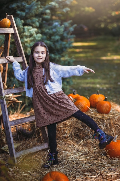 Autumn harvest of pumpkins Child and orange pumpkin at farm market or seasonal festival Cute little girl playing among pumpkins Thanksgiving holiday season and Halloween