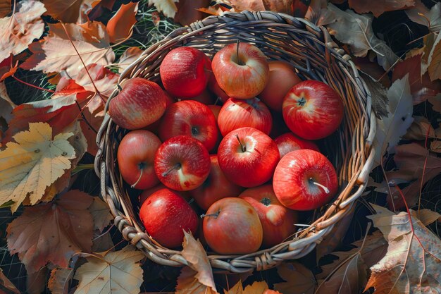 Осенний урожай Прекрасные свежие красные яблоки в плетеной корзине
