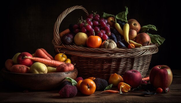 Осенний натюрморт с корзиной органических овощей и фруктов, созданный ИИ