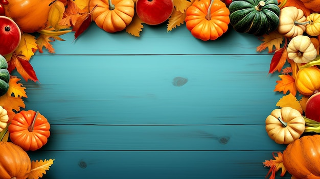 Autumn harvest or Thansgiving day background with pumpkins on blue planks generative ai
