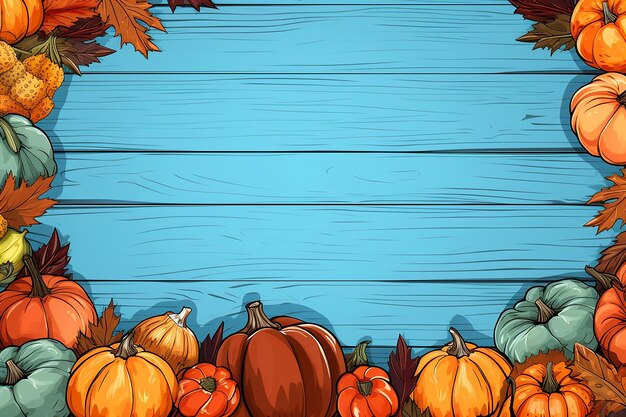 Autumn harvest or Thansgiving day background with pumpkins on blue planks generative ai