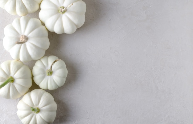 Autumn harvest. White decorative pumpkins on a beige background. Mocup