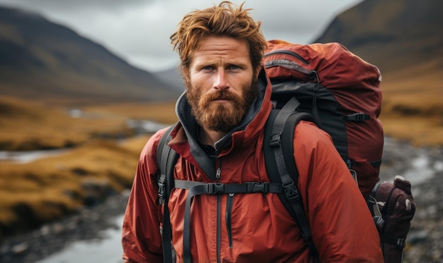 Autumn hike on mountain Portrait of handsome bearded nordic redhaired man with backpack hiker climbs top Beautiful mountains landscape
