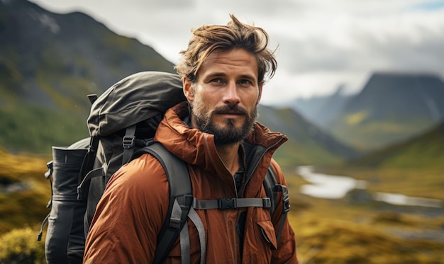 写真 秋の登山 背包を背負ったハンサムなひげの北欧人の肖像画 登山家が頂上に登る 美しい山の風景