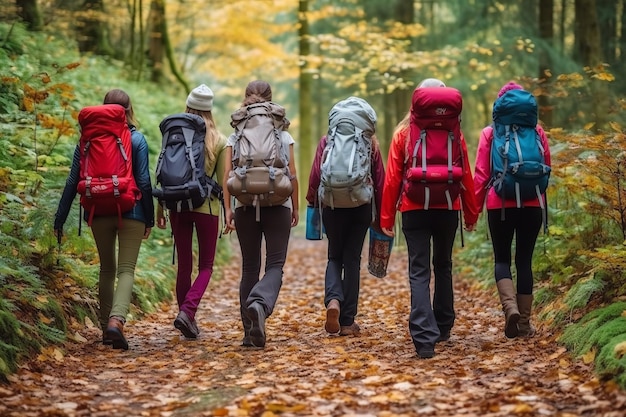 Autumn Hike with Colorful Backpacks