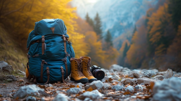 Autumn Hiking Gear on Mountain Trail