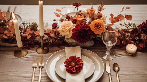 秋の休みのテーブルスケープ フォーマルなディナーテーブルのセット テーブルのスケープ エレガントな秋の花の装飾 結婚式のパーティーとイベントの装飾アイデア