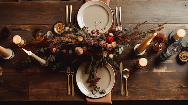 Autumn holiday tablescape formal dinner table setting table scape with elegant autumnal floral decor for wedding party and event decoration idea