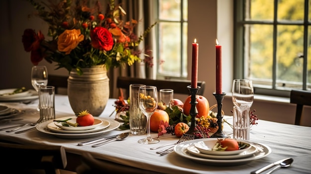 Autumn holiday tablescape formal dinner table setting table scape with elegant autumnal floral decor for wedding party and event decoration idea