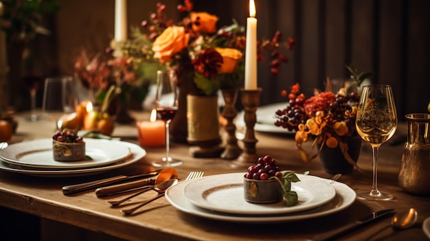 Autumn holiday tablescape formal dinner table setting table scape with elegant autumnal floral decor for wedding party and event decoration