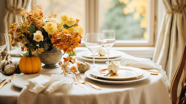秋の休みのテーブルの風景 正式な夕食のテーブルセット テーブル風景 エレガントな秋の花の装飾 結婚式のパーティーやイベントの装飾