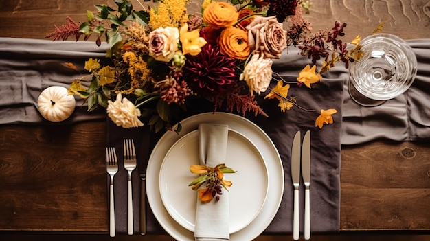 Autumn holiday tablescape formal dinner table setting table scape with elegant autumnal floral decor for wedding party and event decoration